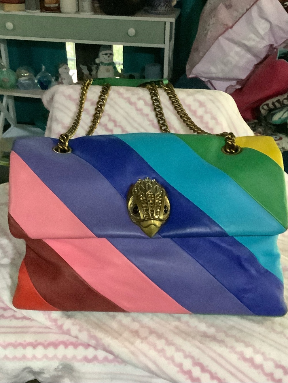 Multicolor Diagonal Stripe Shoulder Bag with Gold Chain